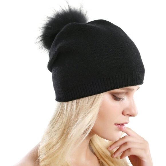 Women Knit Wool Beanie Winter Cashmere Ski Hat with Real Raccoon Fur Pom Pom - Picture 4 of 6